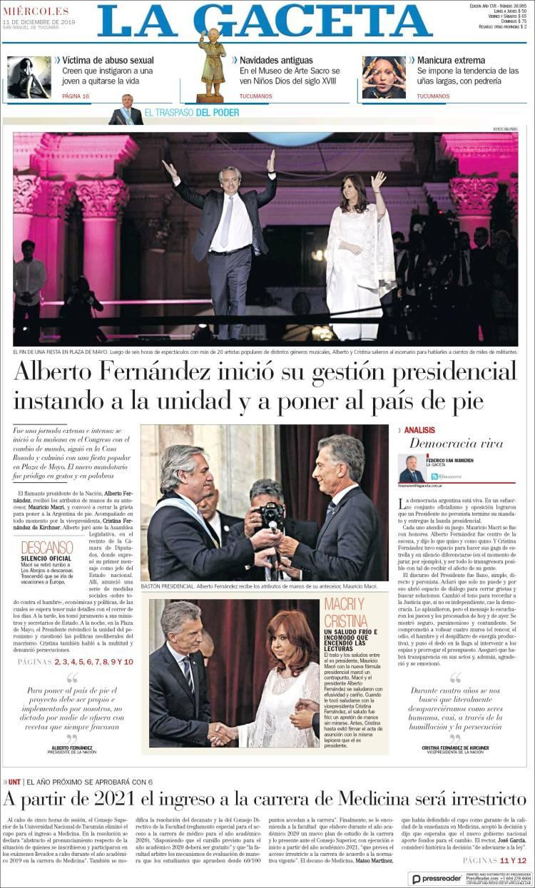 Tapas de diarios, La Gaceta miércoles 11 de diciembre de 2019