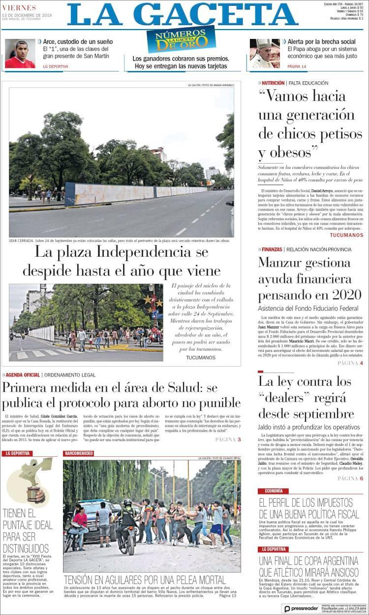Tapas de diarios, La Gaceta viernes 13 de diciembre de 2019