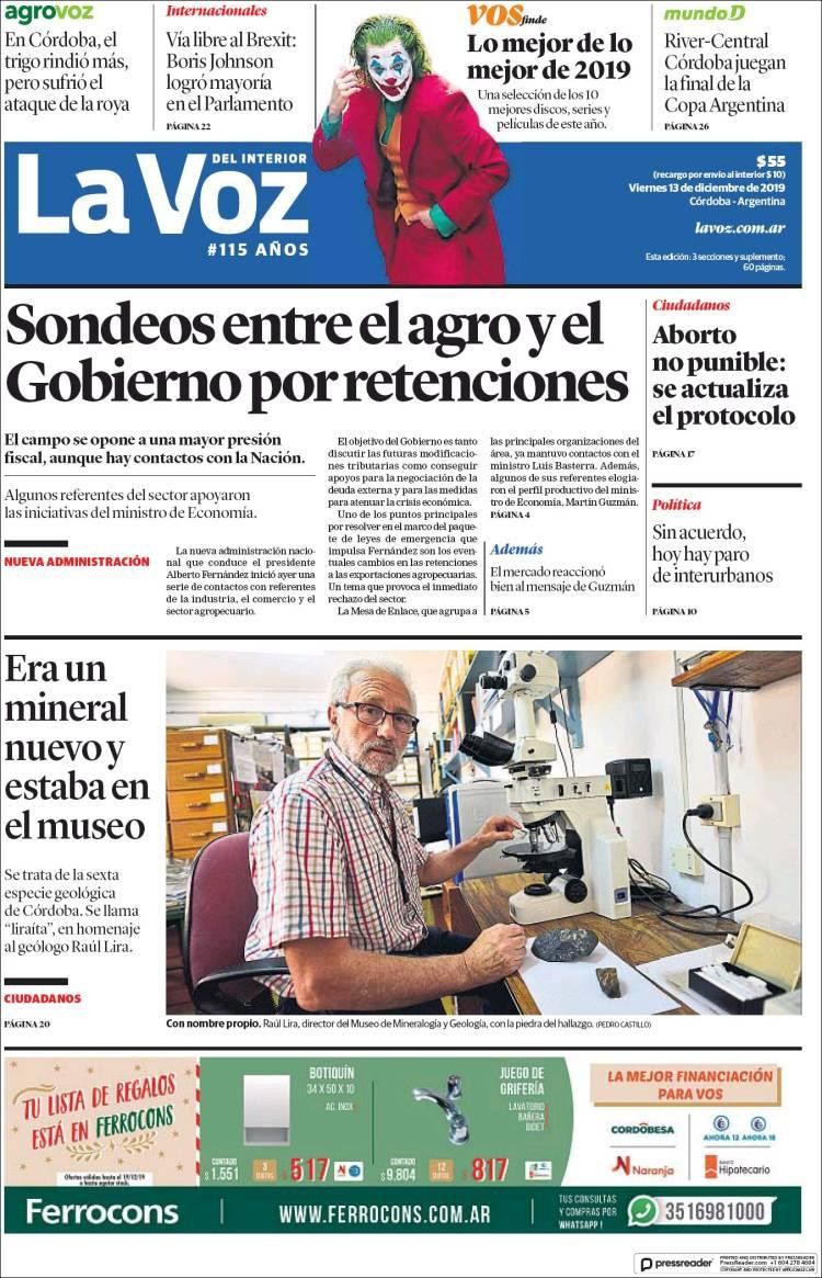 Tapas de diarios, La Voz viernes 13 de diciembre de 2019