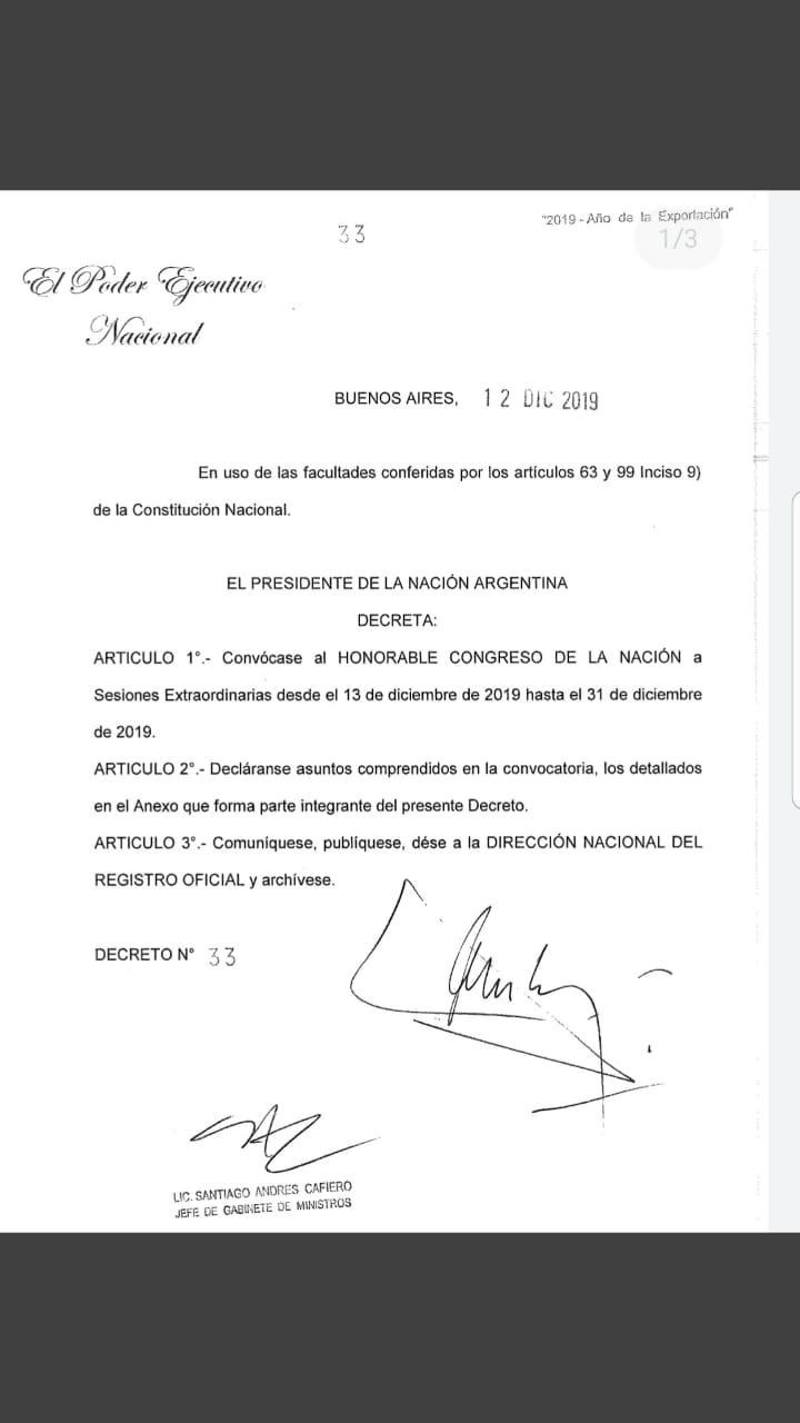 Documento PDF de sesiones extraordinarias de Alberto Fernández