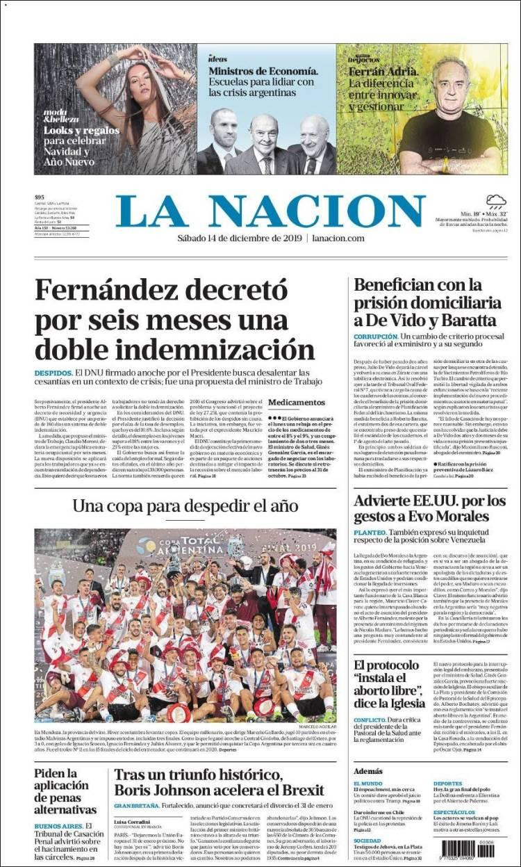Tapas de diarios argentinos, La Nación sábado 14 de diciembre de 2019