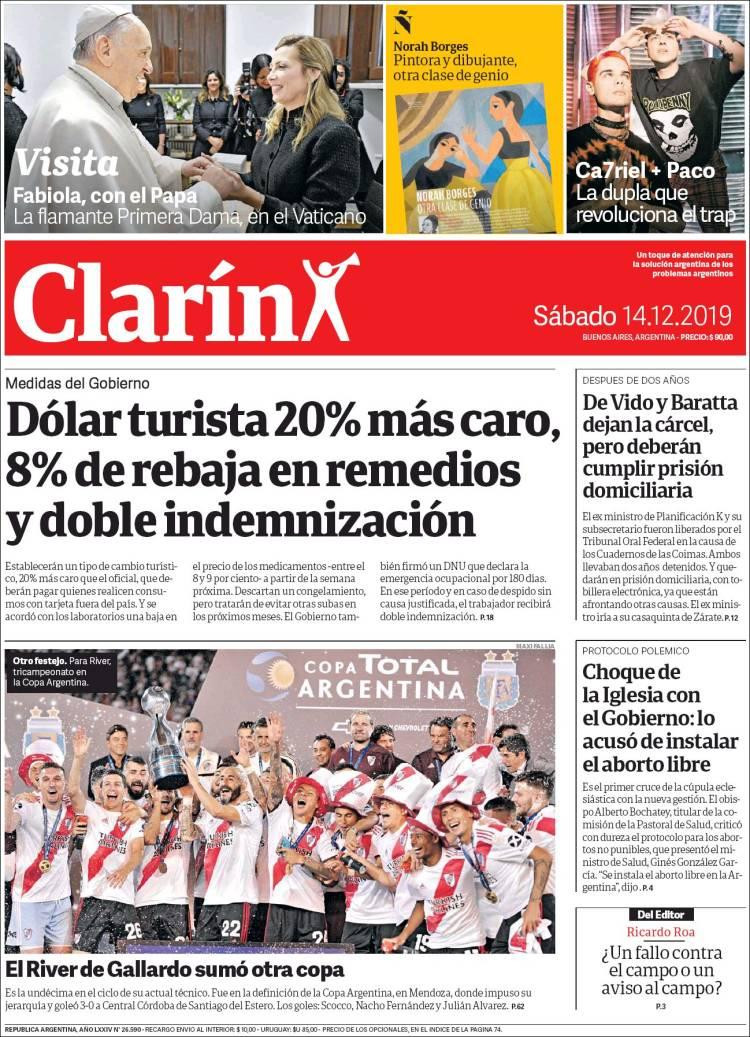 Tapas de diarios argentinos,Clarín sábado 14 de diciembre de 2019