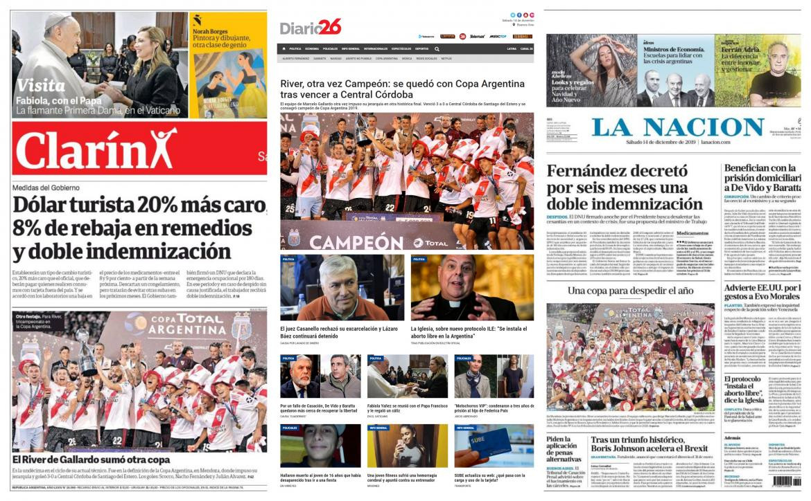 Tapas de diarios argentinos sábado 14 de diciembre de 2019