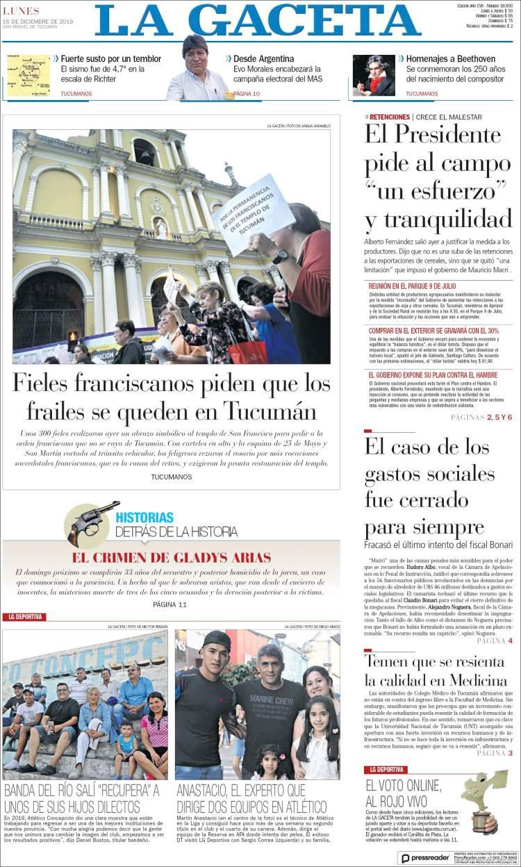 Tapas de diarios, La Gaceta lunes 16-12-19