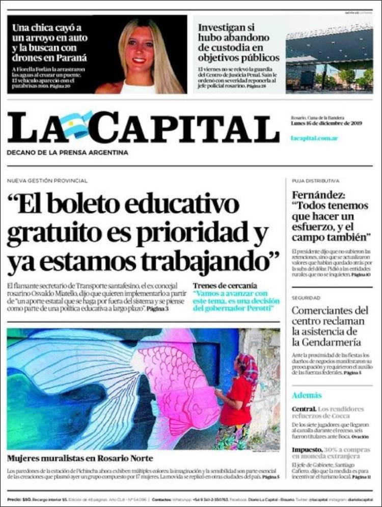 Tapas de diarios, La Capital lunes 16-12-19