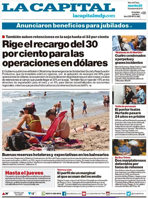 Tapas de diarios, La Capital de Mar del Plata, martes 24 de diciembre de 2019
