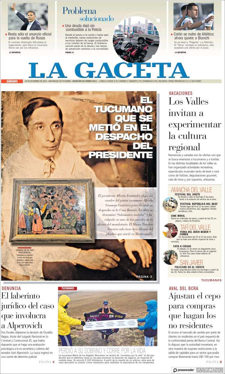 Tapas de diarios, La Gaceta sábado 28 de diciembre de 2019