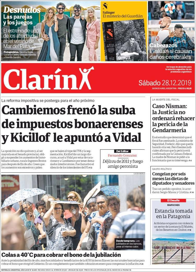 Tapas de diarios, Clarín sábado 28 de diciembre de 2019