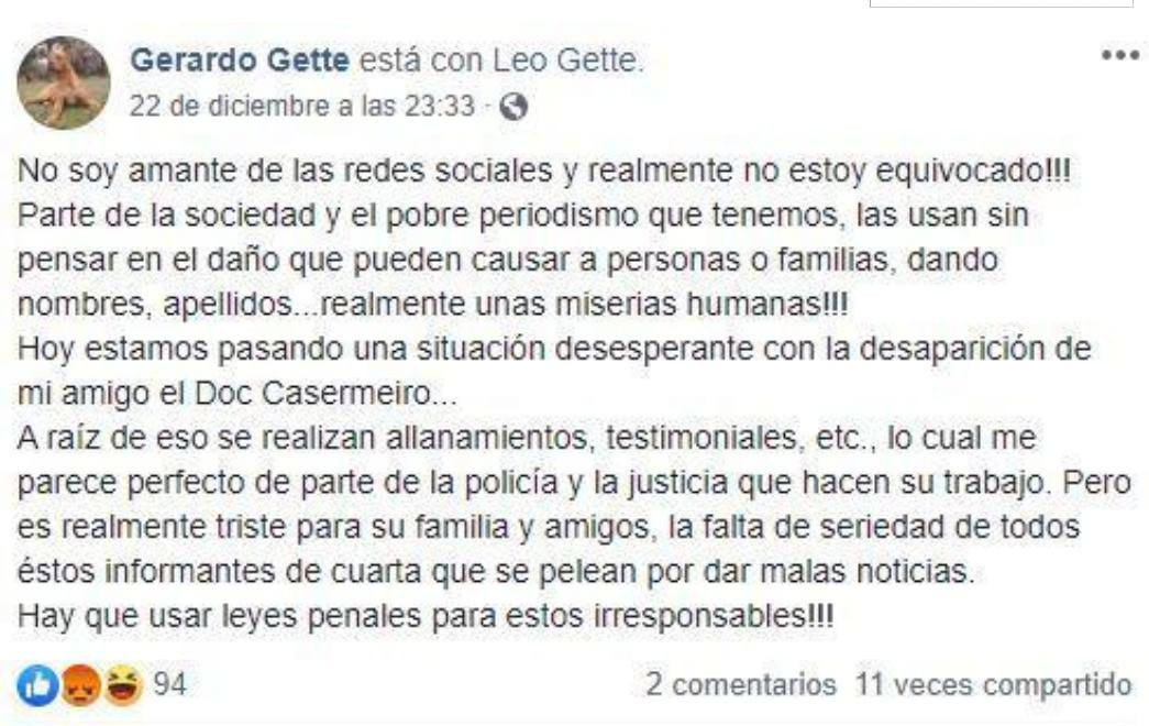 Mensaje de detenido por crimen de ginecólogo en Facebook