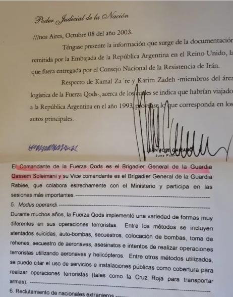 Facsímil de parte del informe reservado sobre Soleimani incorporado en la causa AMIA