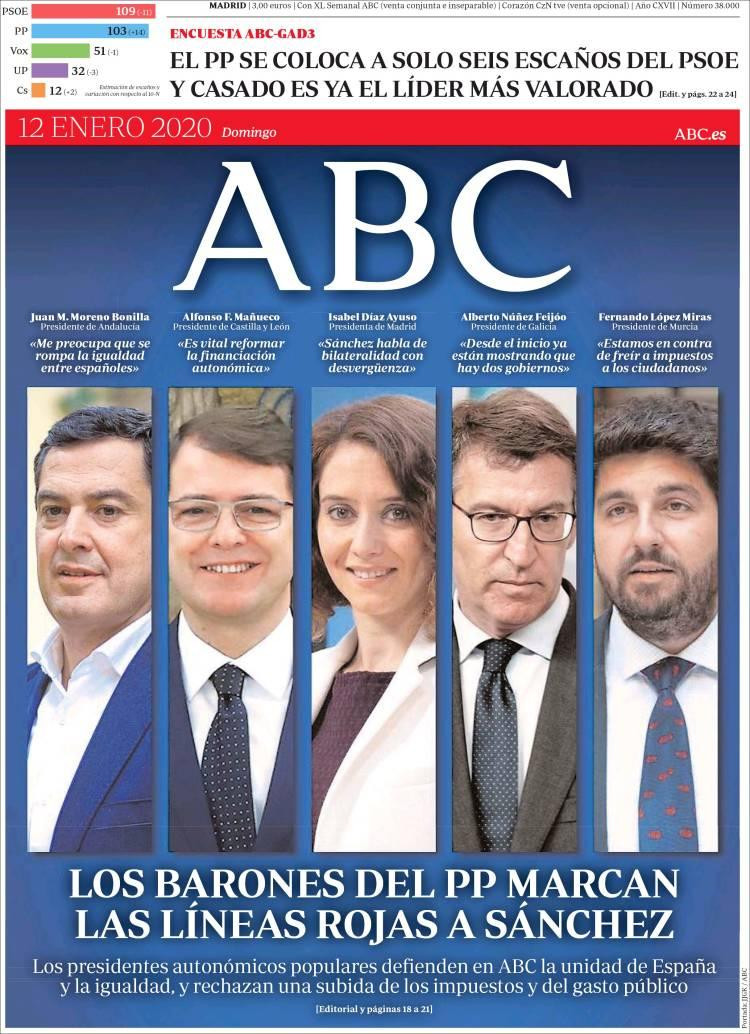 Tapas de diarios, ABC, domingo 12 de enero de 2020	