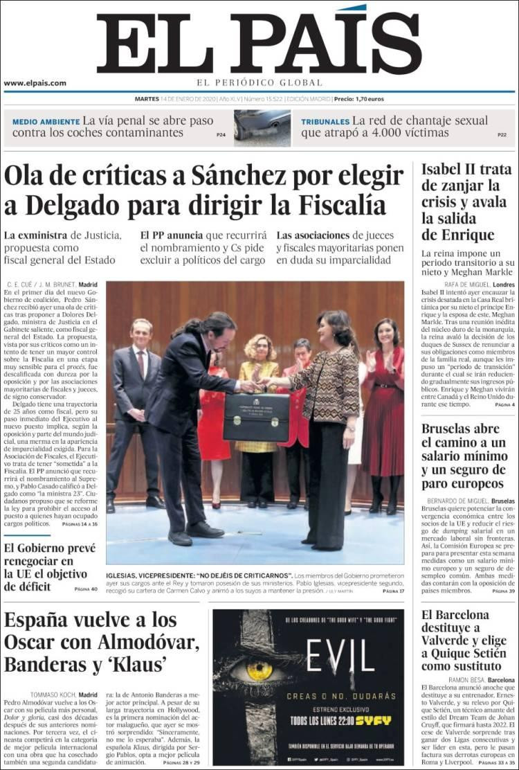 Tapas de diarios, El Pais de España, martes 14 de enero de 2020