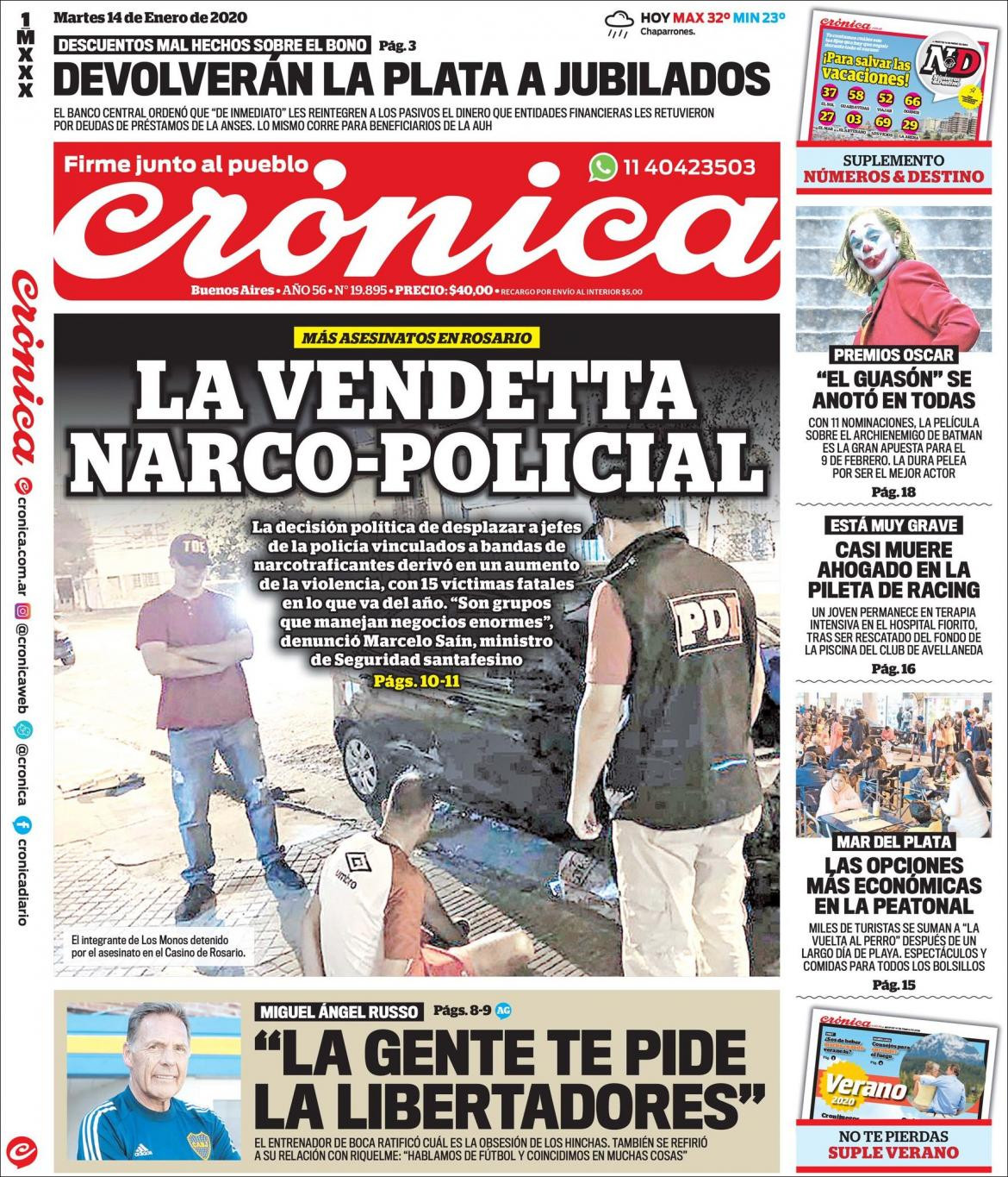 Tapas de diarios, Crónica, martes 14 de enero de 2020