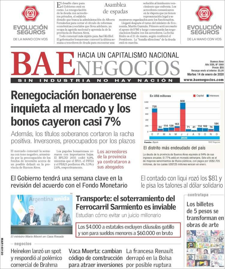 Tapas de diarios, BAE Negocios, martes 14 de enero de 2020