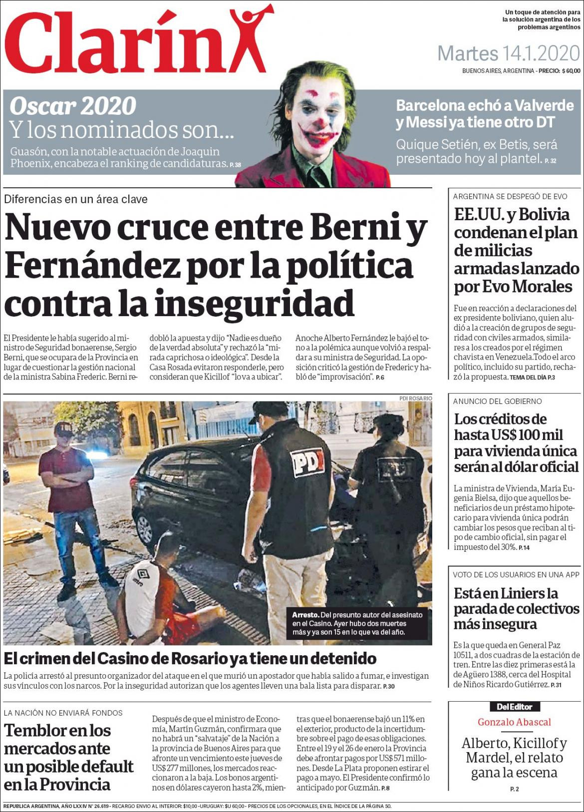 Tapas de diarios, Clarin, martes 14 de enero de 2020