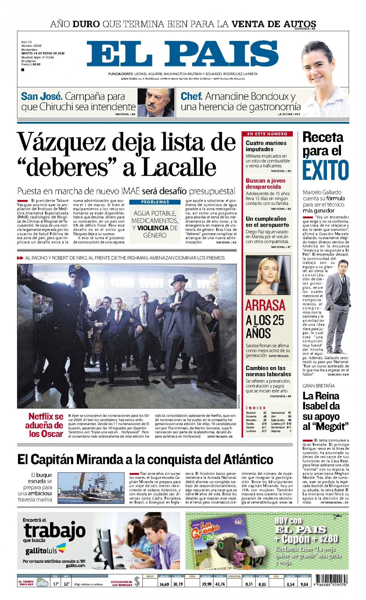 Tapas de diarios, El Pais de Uruguay, martes 14 de enero de 2020
