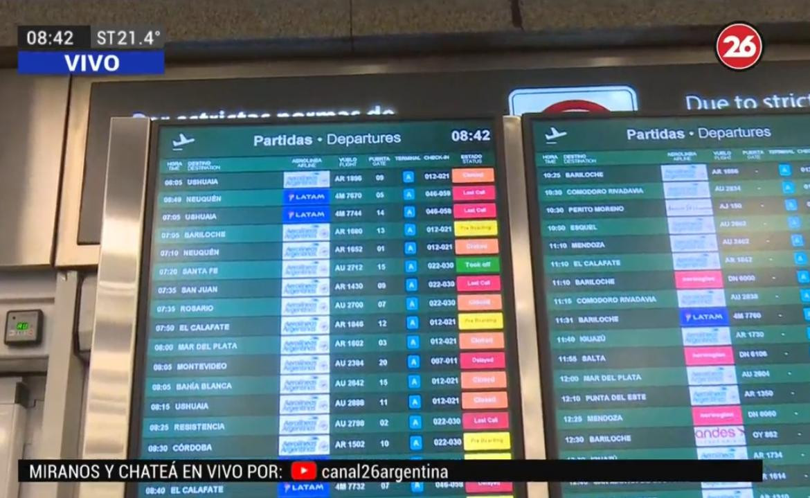 Demoras y cancelaciones en Aeroparque y Ezeiza por la tormenta, Canal 26
