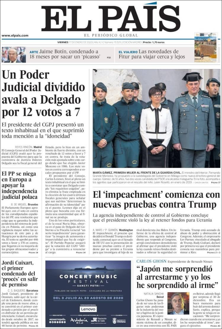 Tapas de diarios, El País, viernes 17 de enero de 2020|