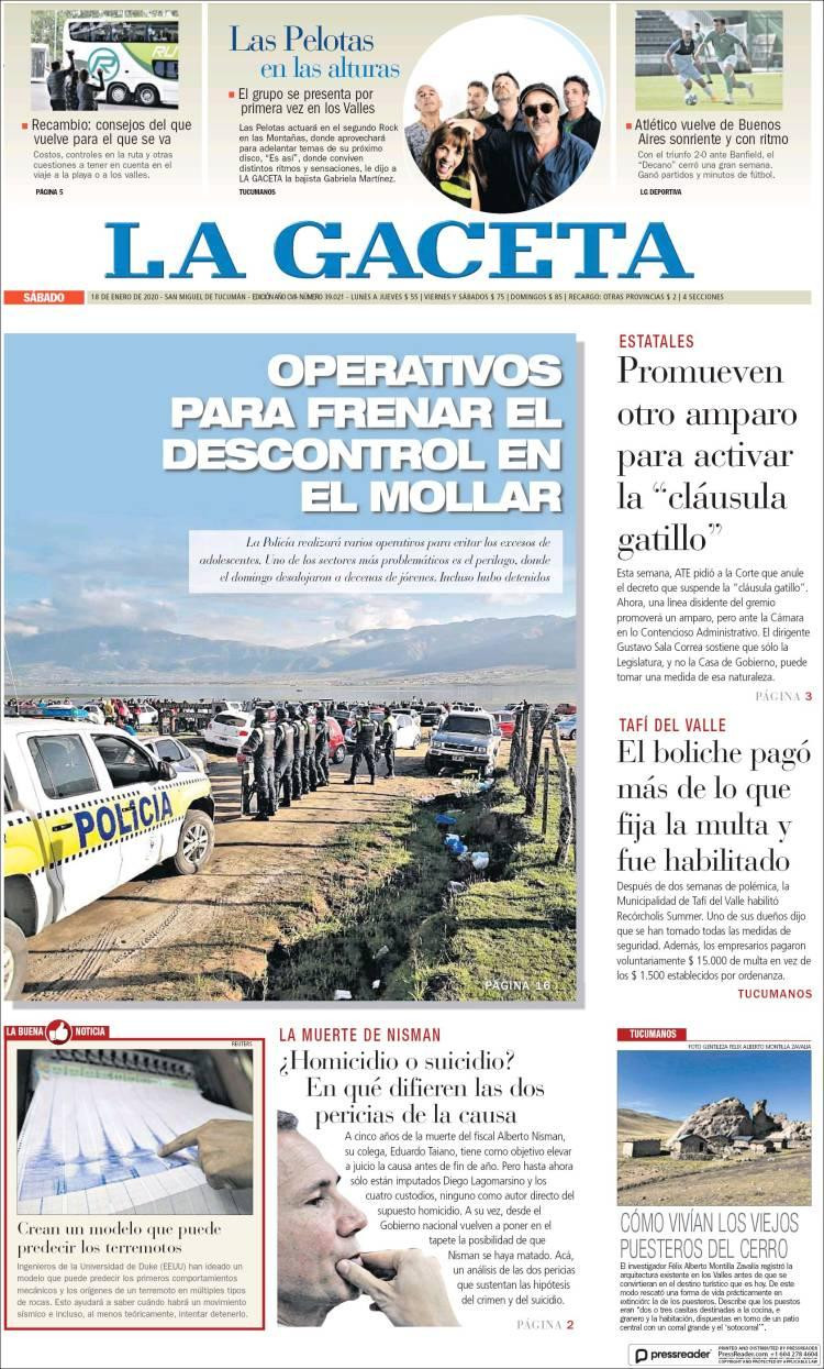 Tapas de diarios, La Gaceta, sábado 18 de enero de 2020