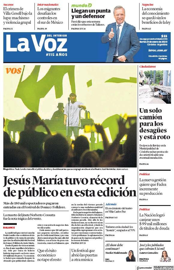 Tapas de diarios, La Voz del Interior, martes 21 de enero de 2020