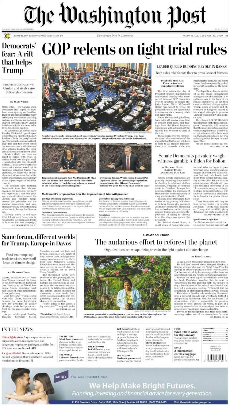 Tapas de diarios, Washington Post, miércoles 22 de enero de 2020
