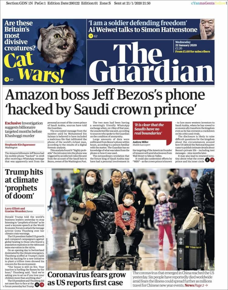 Tapas de diarios, Guardian, miércoles 22 de enero de 2020