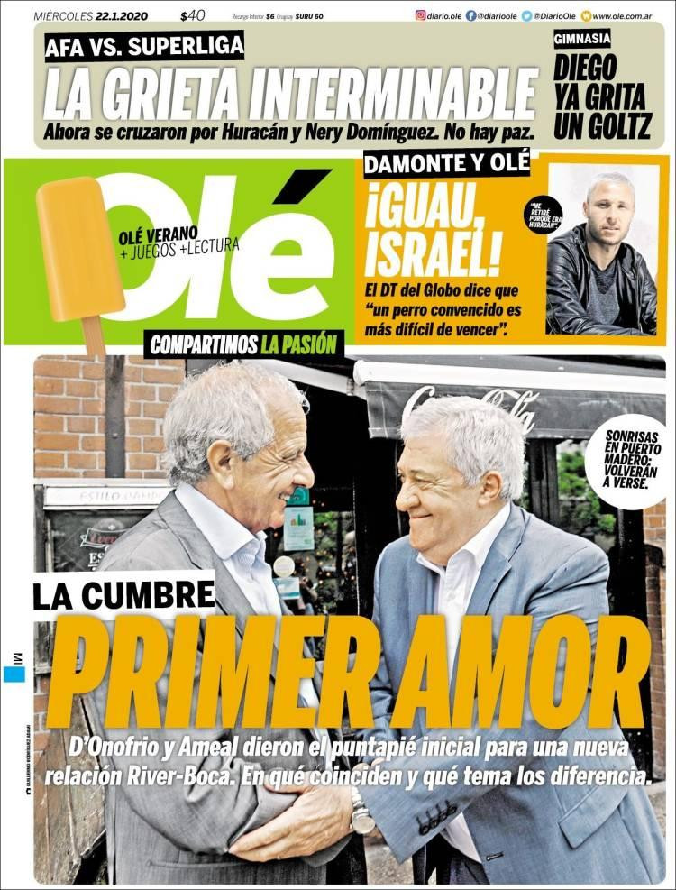 Tapas de diarios, Olé, miércoles 22 de enero de 2020