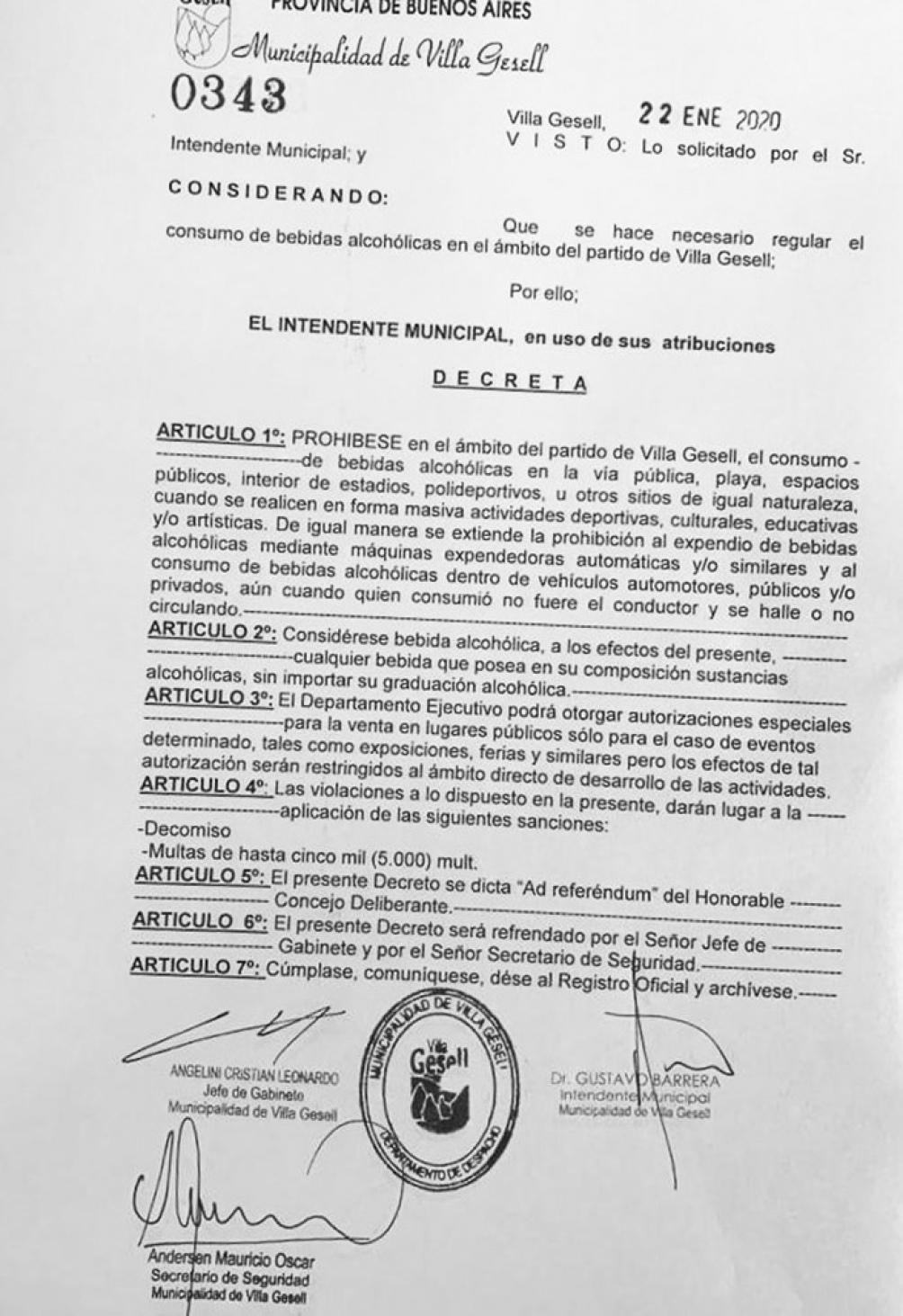 Resolución que prohibe consumo de alcohol en espacios publicos en Gesell