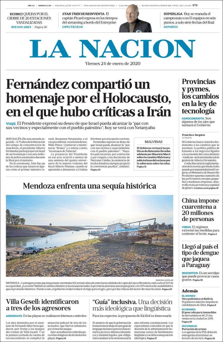 Tapas de Diarios, La Nación, viernes 24 de enero de 2020