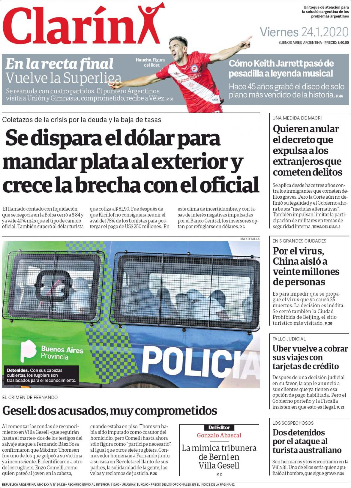 Tapas de Diarios, Clarin, viernes 24 de enero de 2020