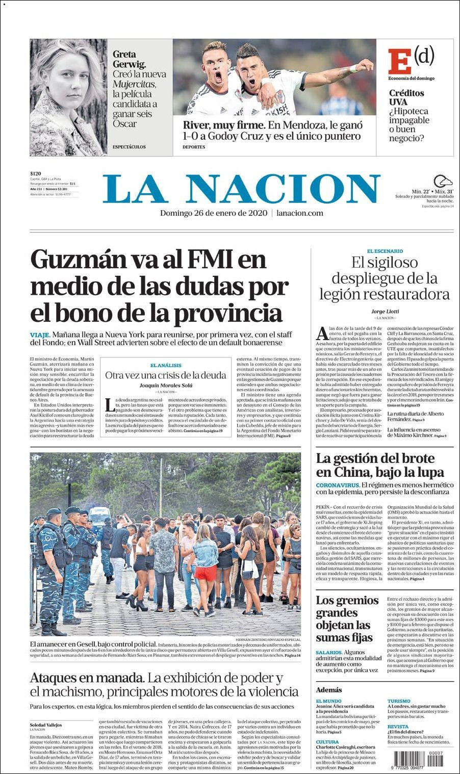 Tapas de diarios, La Nación, domingo 26 de enero de 2020