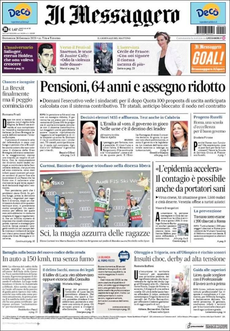 Tapas de diarios, Il Messaggero de Italia, domingo 26 de enero de 2020