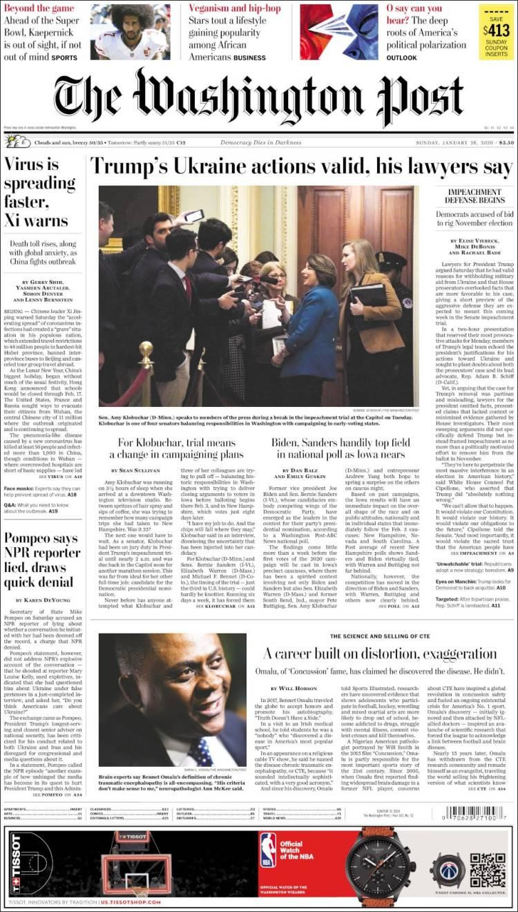 Tapas de diarios, The Washington Post de Estados Unidos, domingo 26 de enero de 2020