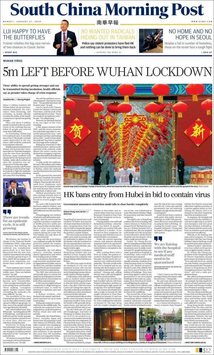 Tapas de diarios, China lunes 27 de enero de 2020