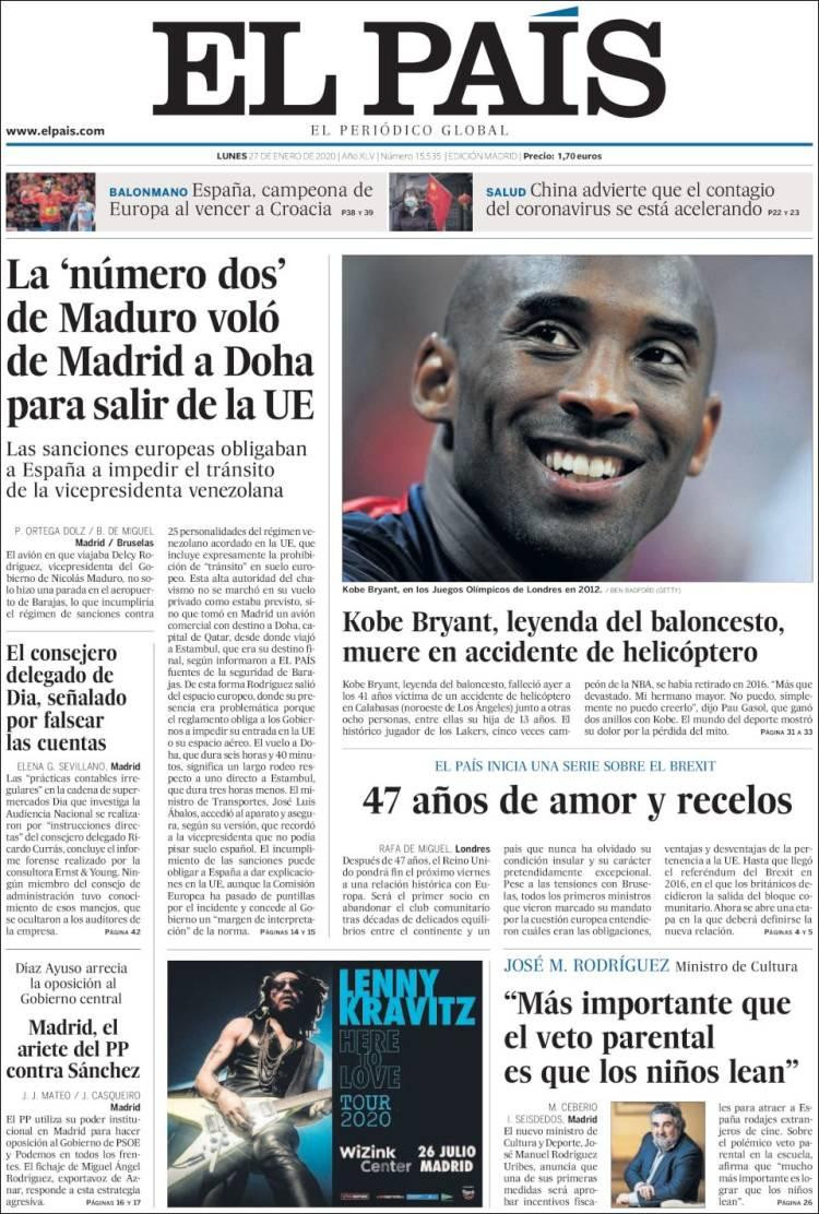 Tapas de diarios, El País lunes 27 de enero de 2020