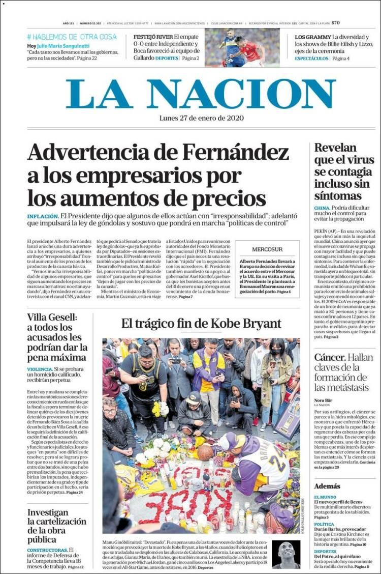 Tapas de diarios, La Nación lunes 27 de enero de 2020