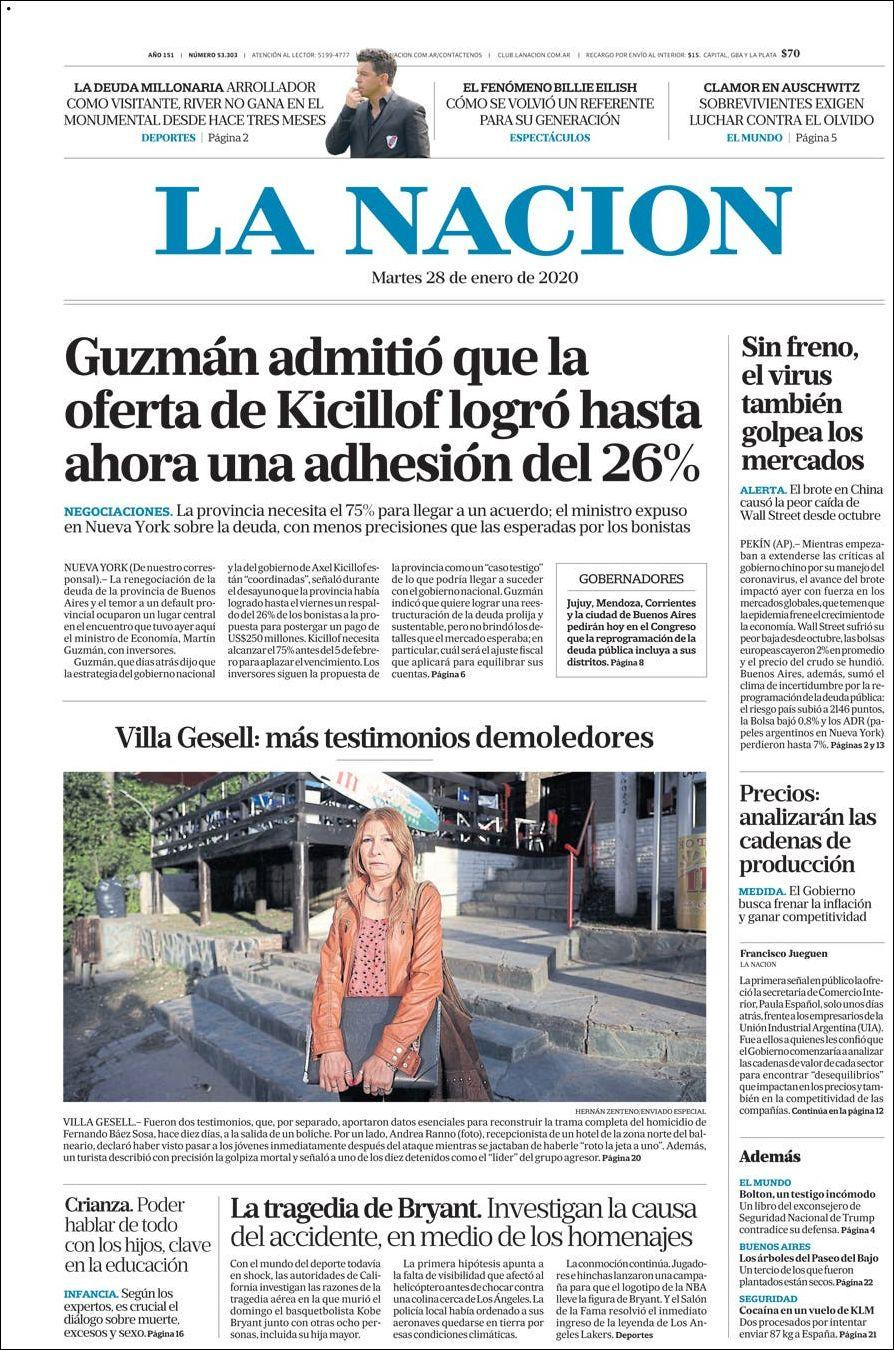 Tapas de diarios, La Nación, martes 28 de enero de 2020