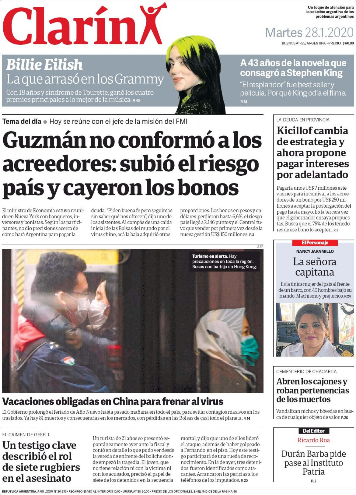 Tapas de diarios, Clarin, martes 28 de enero de 2020