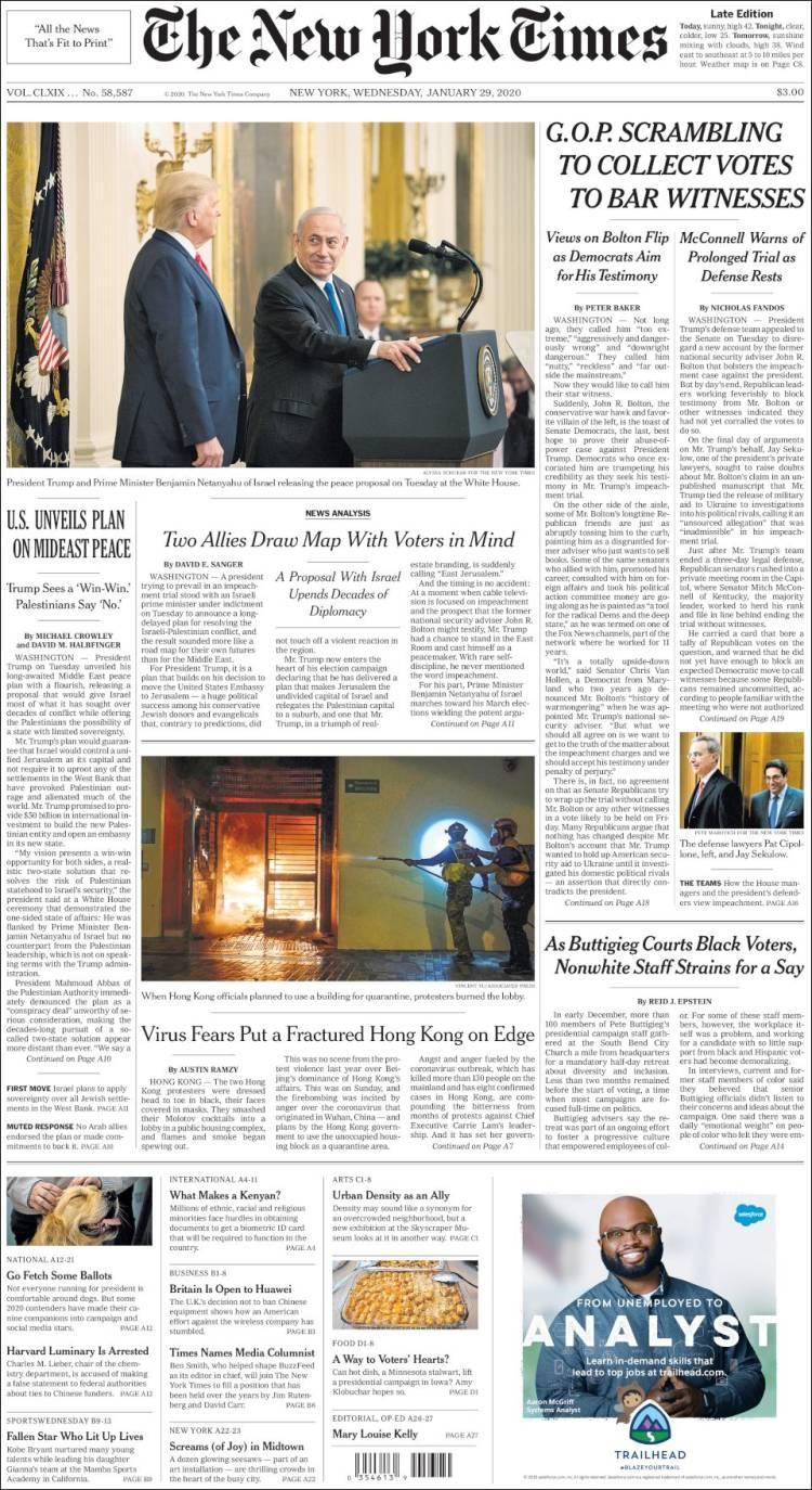 Tapas de diarios, New York Times, miércoles 29 de enero de 2020