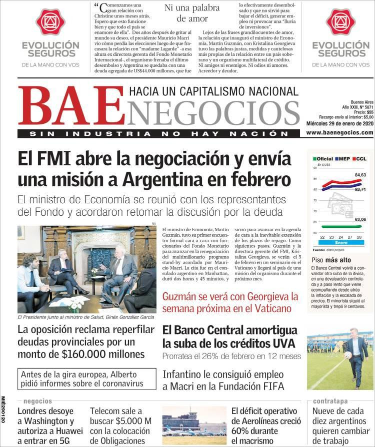 Tapas de diarios, BAE, miércoles 29 de enero de 2020
