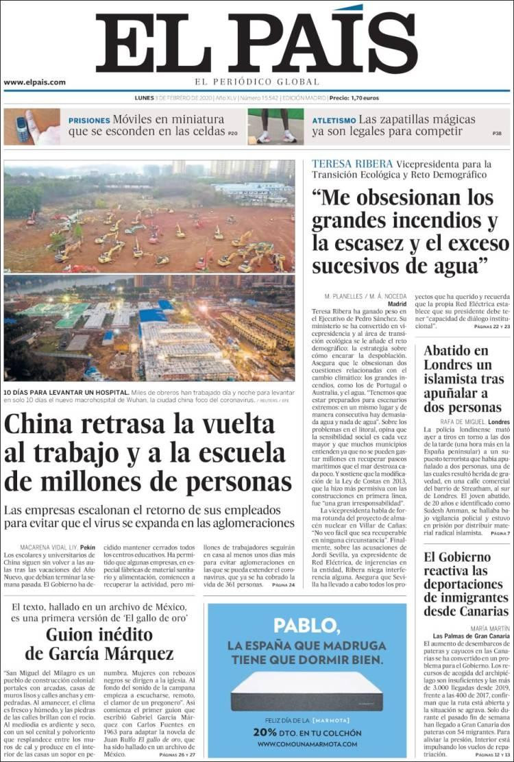 Tapas de diarios, lunes 3 de febrero de 2020, EL PAIS