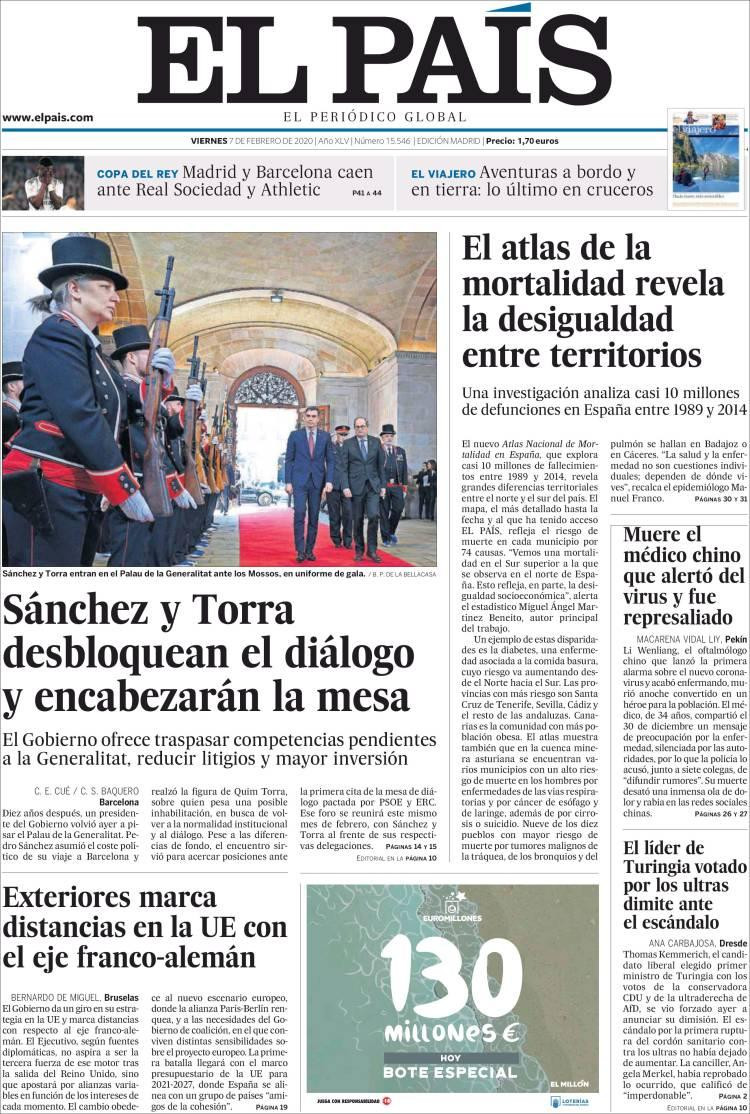 Tapas de Diarios, Viernes 07 de febrero de 2020, EL PAIS