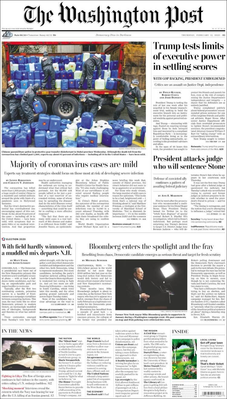 Tapas de diarios, Washington Post, Jueves 13 de febrero de 2020