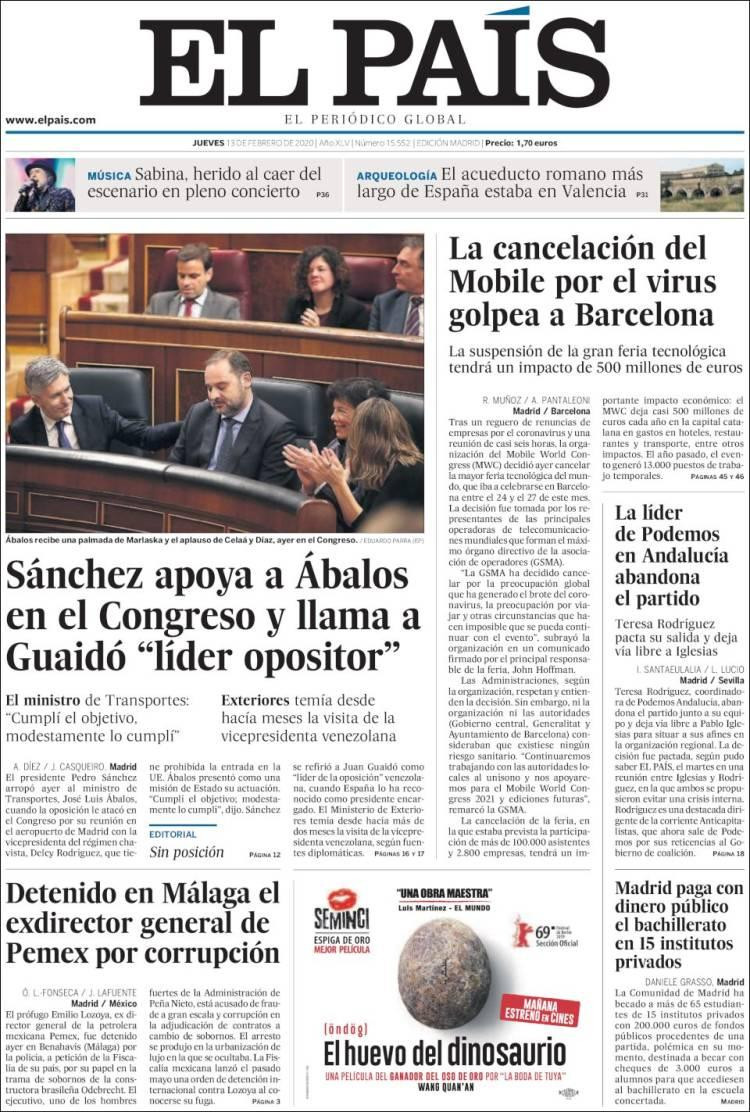 Tapas de diarios, El País, Jueves 13 de febrero de 2020