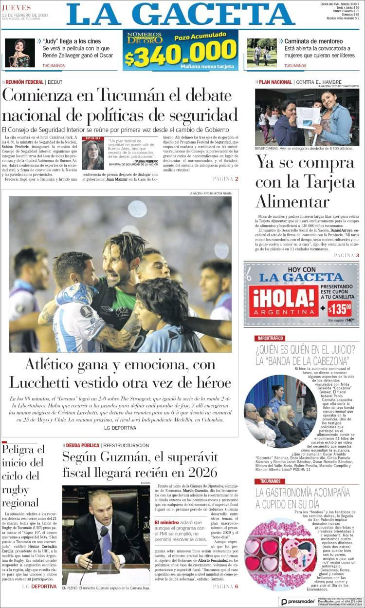 Tapas de diarios, La Gaceta, Jueves 13 de febrero de 2020