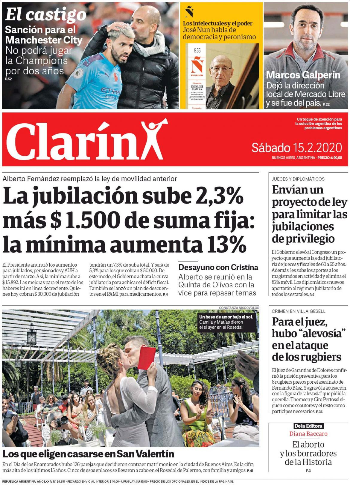 Tapas de diarios, 15-2-20, CLARIN