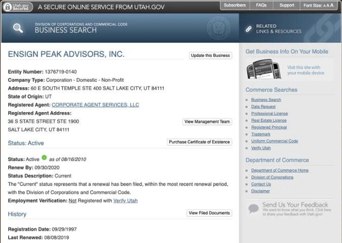 El registro oficial de Ensign Peak Advisors en el estado de Utah.