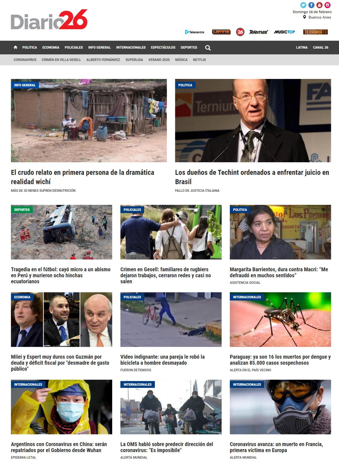 Tapa Diario 26, domingo 16 de febrero de 2020