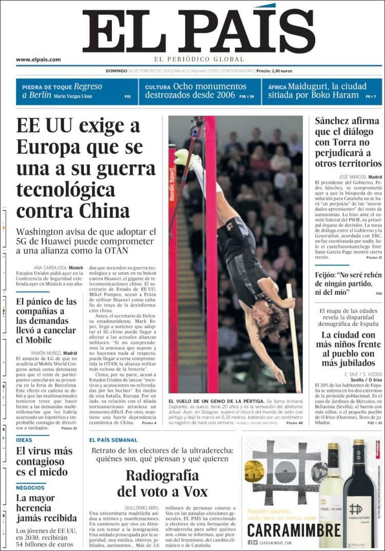 Tapas de diarios, domingo 16 de febrero de 2020, EL PAIS