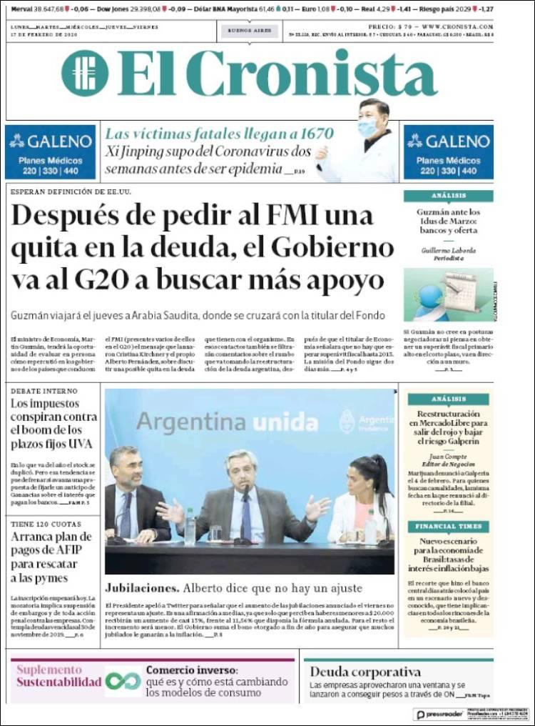 Tapas de diarios, El Cronista lunes 17 de febrero de 2020